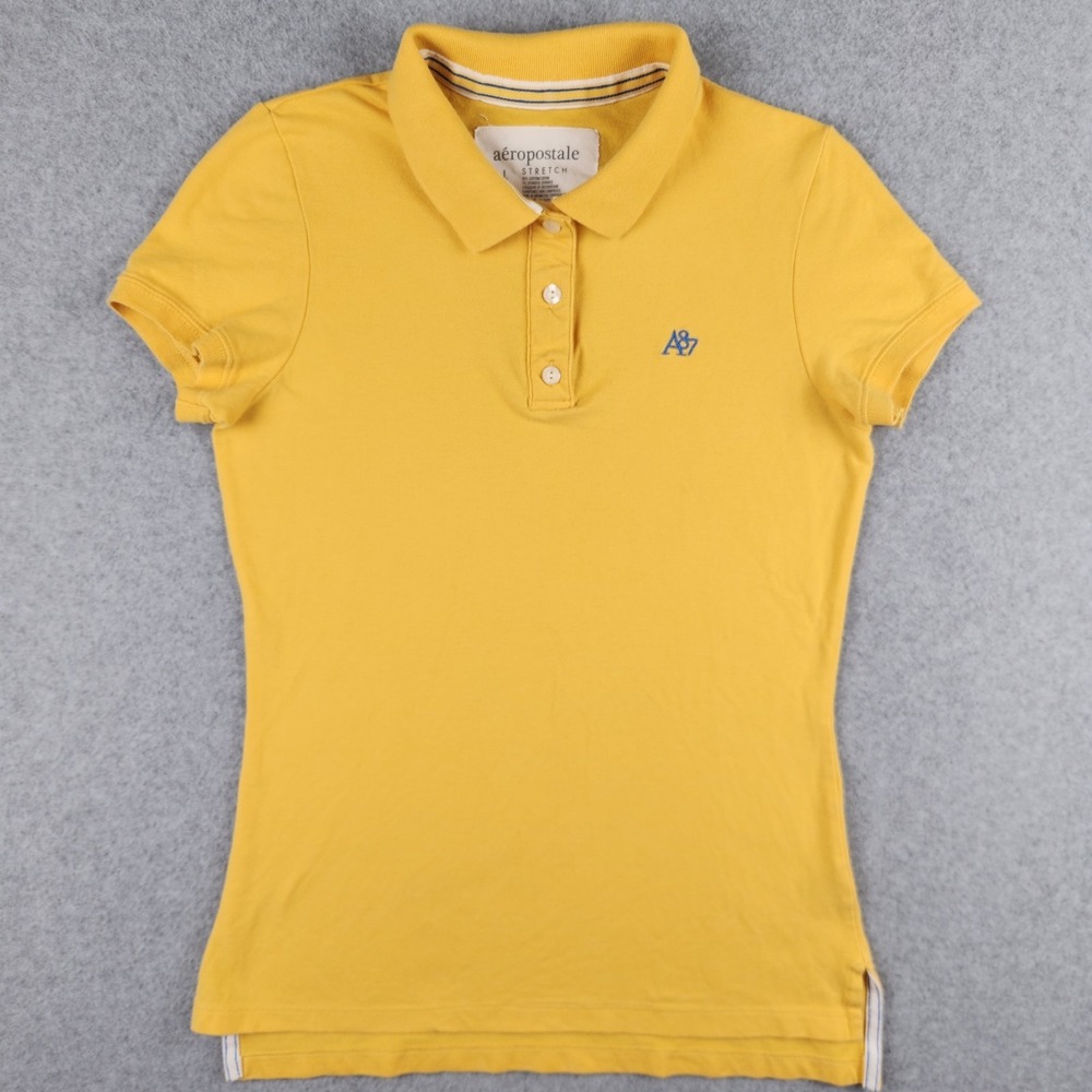 Aeropostale Polo Shirt Womens Juniors L‎ Yellow Blue A87 Fitted Y2K - Fits XS/S